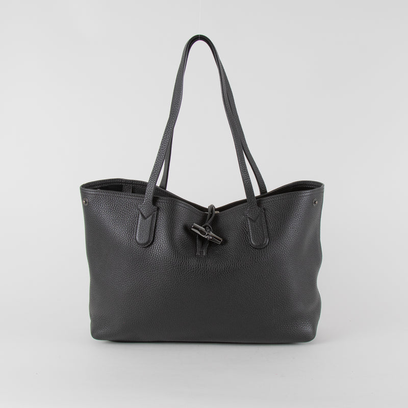 Longchamp Le Roseau Essential Black Grained Leather Tote Bag