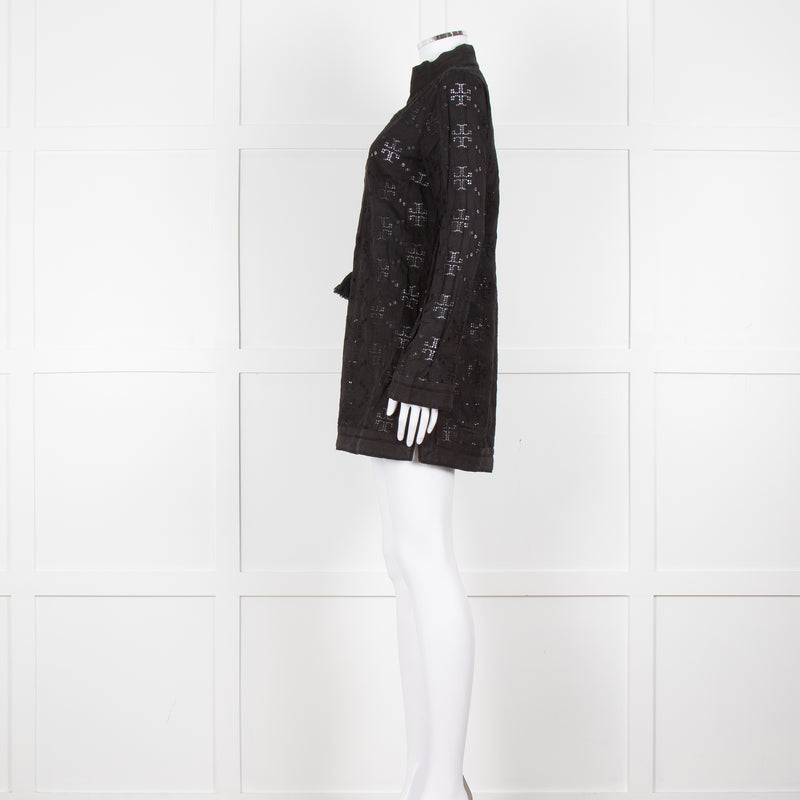 Tory Burch Black Embroidered Long Sleeve Kaftan