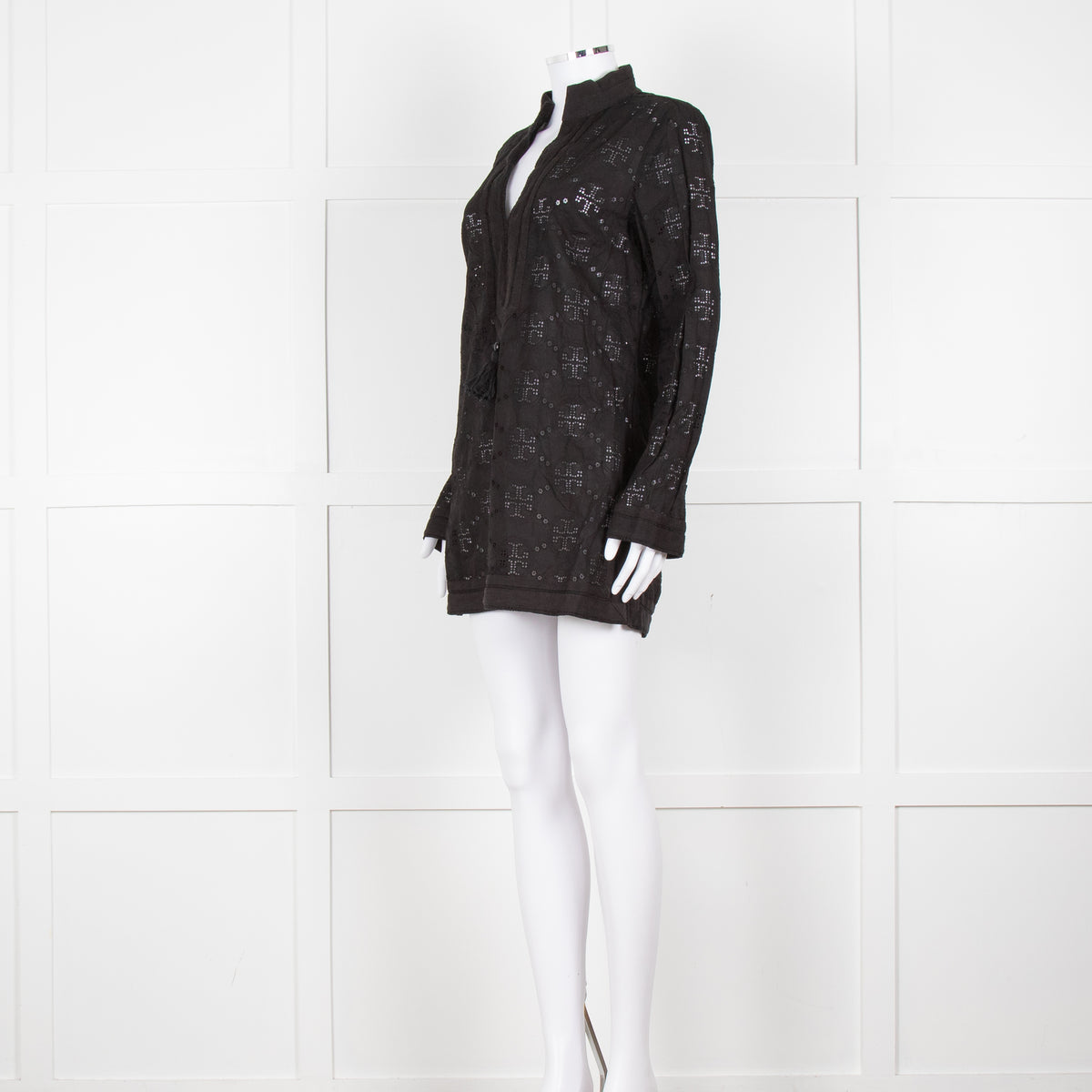 Tory Burch Black Embroidered Long Sleeve Kaftan