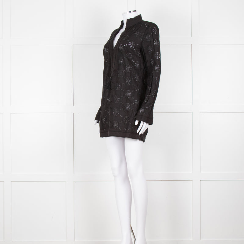 Tory Burch Black Embroidered Long Sleeve Kaftan