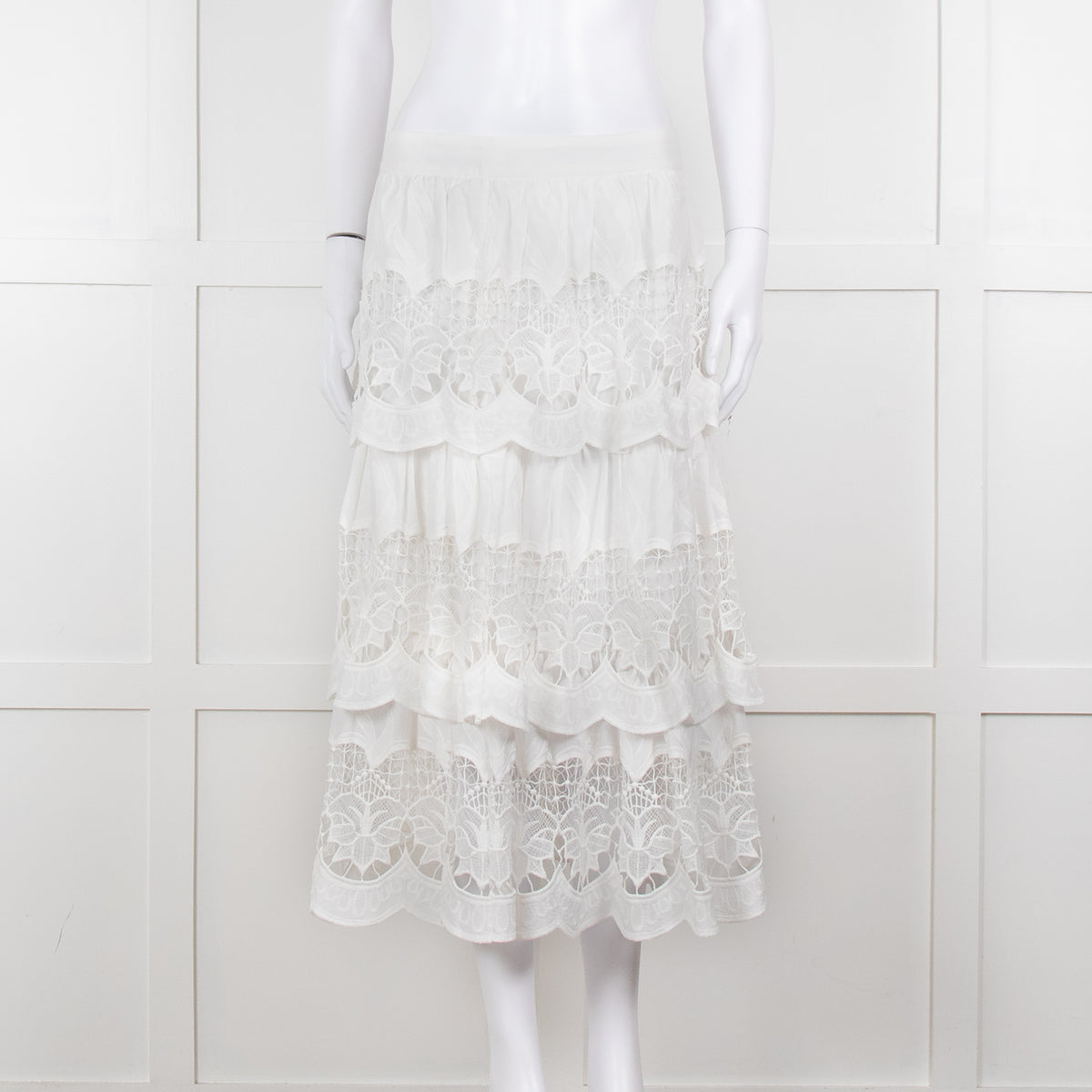 Farm Rio White Cotton Broderie Anglaise Midi Skirt