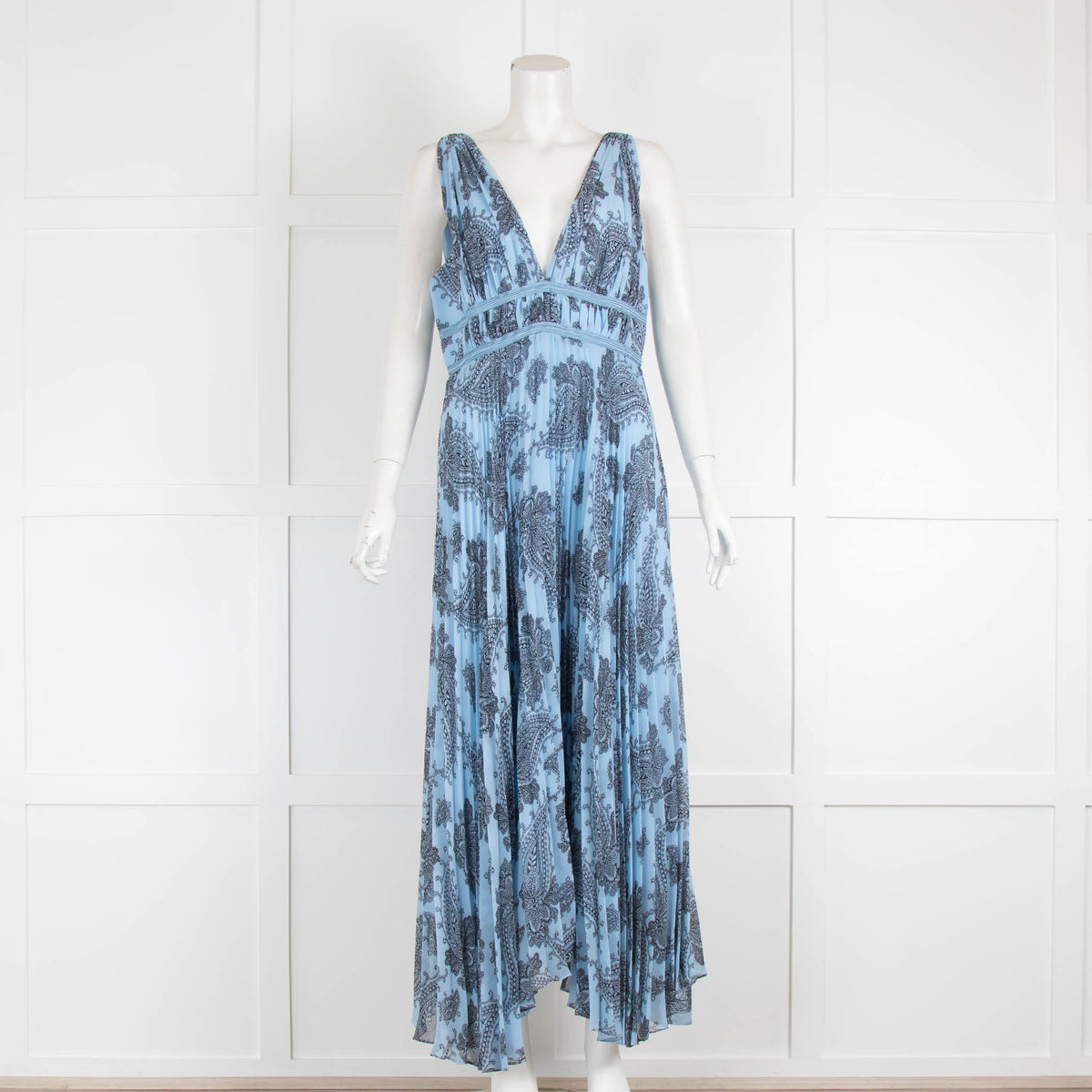 Sandro Sky Blue Black Paisley Pleated Sleeveless Dress