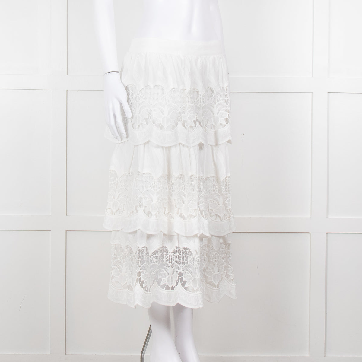 Farm Rio White Cotton Broderie Anglaise Midi Skirt