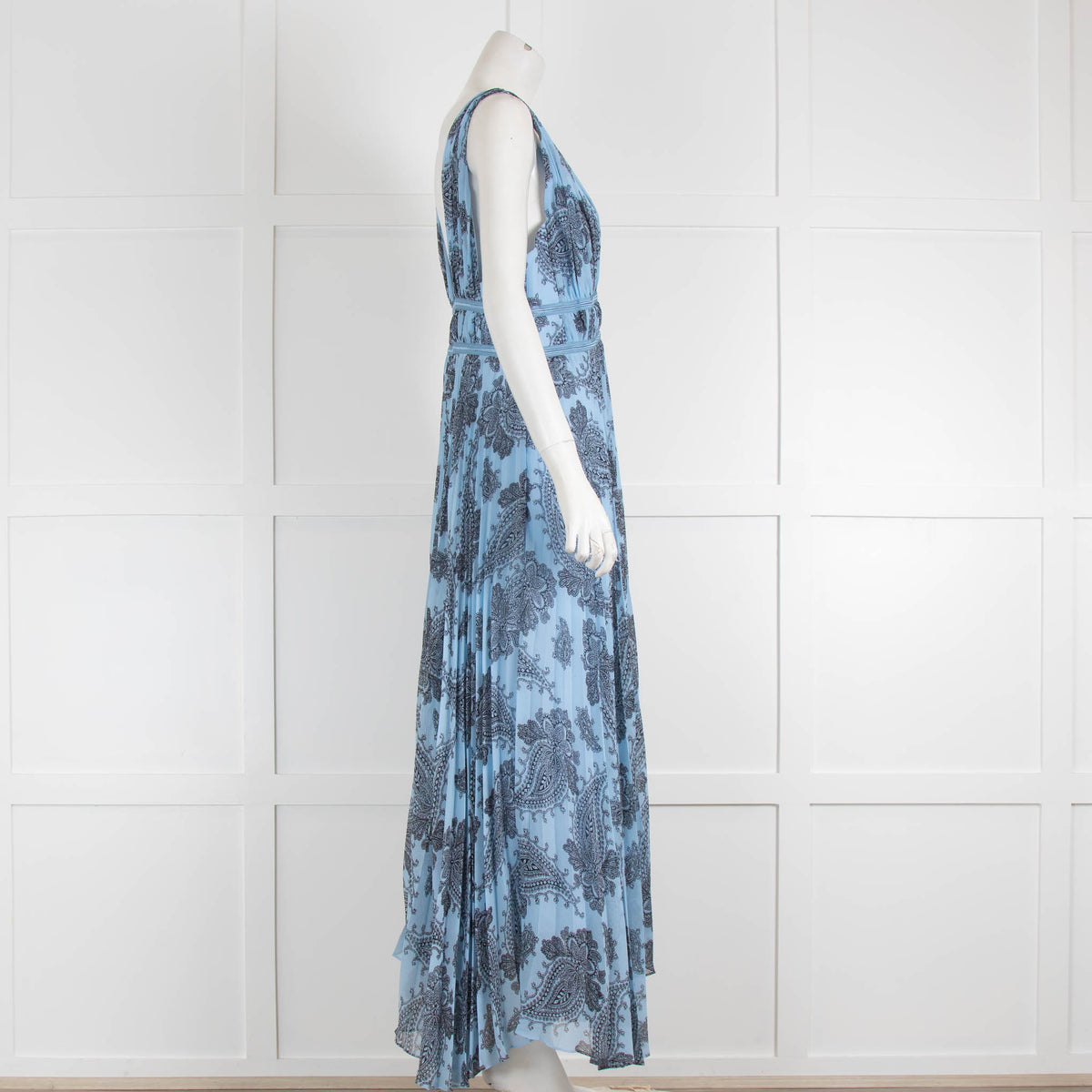 Sandro Sky Blue Black Paisley Pleated Sleeveless Dress