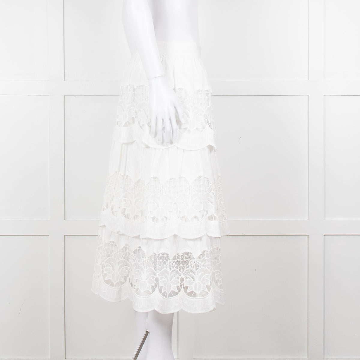 Farm Rio White Cotton Broderie Anglaise Midi Skirt