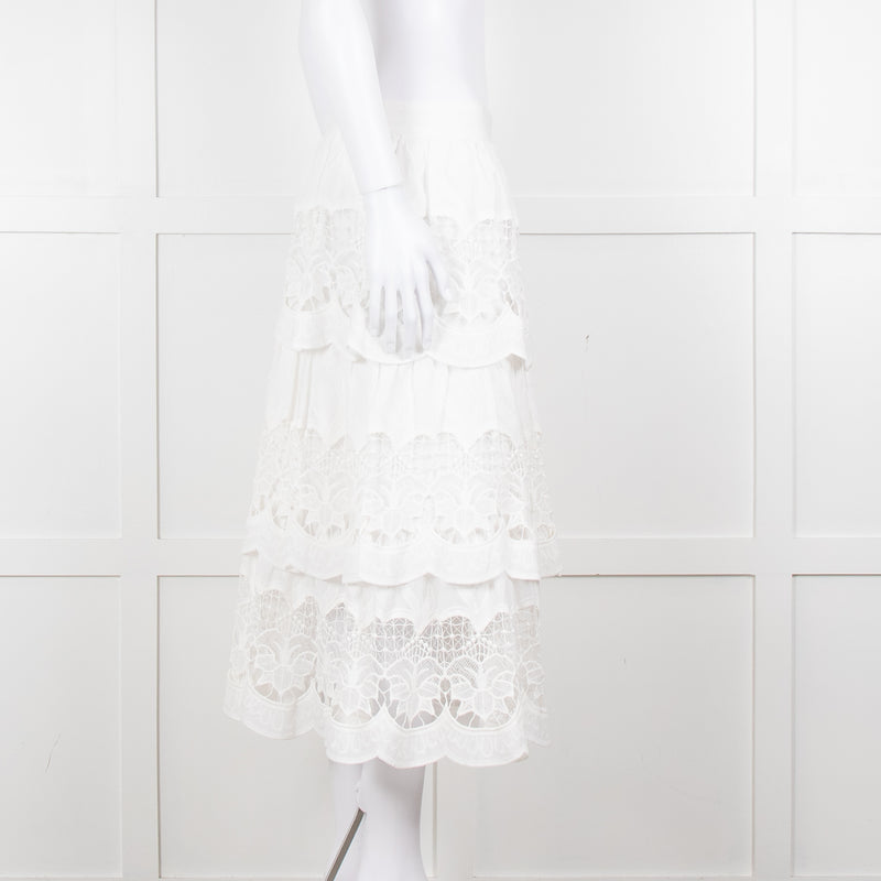 Farm Rio White Cotton Broderie Anglaise Midi Skirt