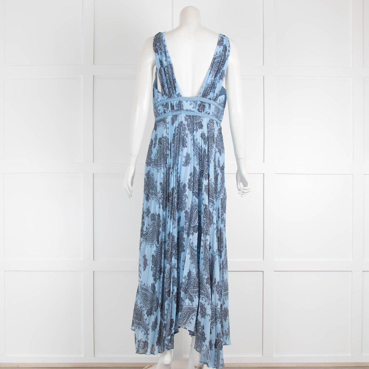 Sandro Sky Blue Black Paisley Pleated Sleeveless Dress