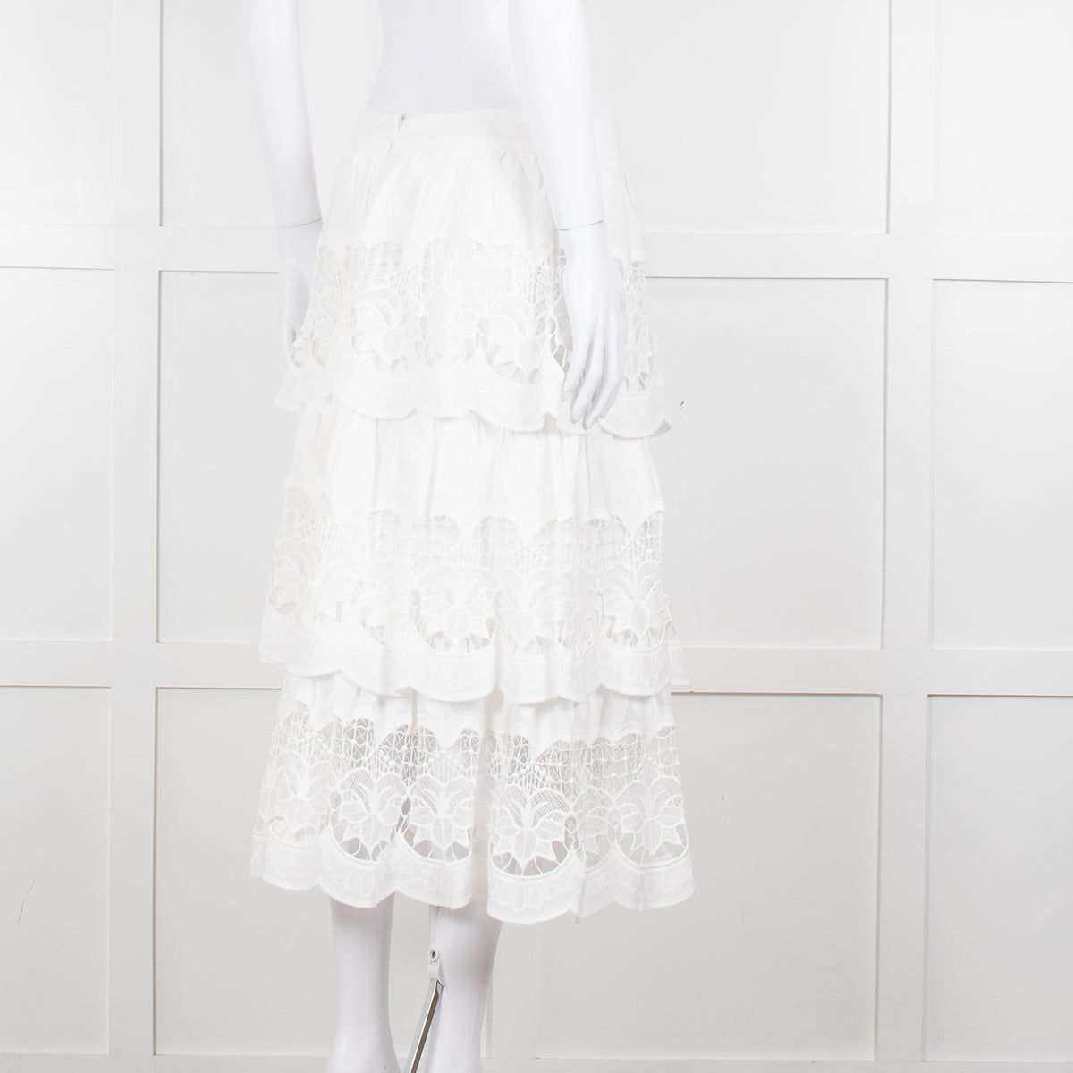 Farm Rio White Cotton Broderie Anglaise Midi Skirt