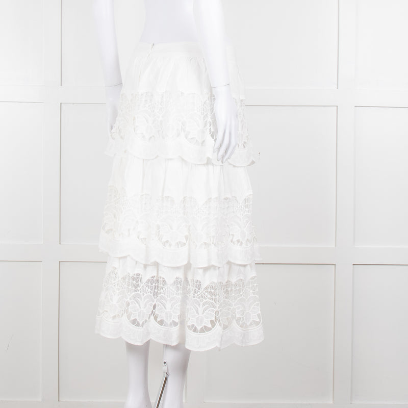 Farm Rio White Cotton Broderie Anglaise Midi Skirt