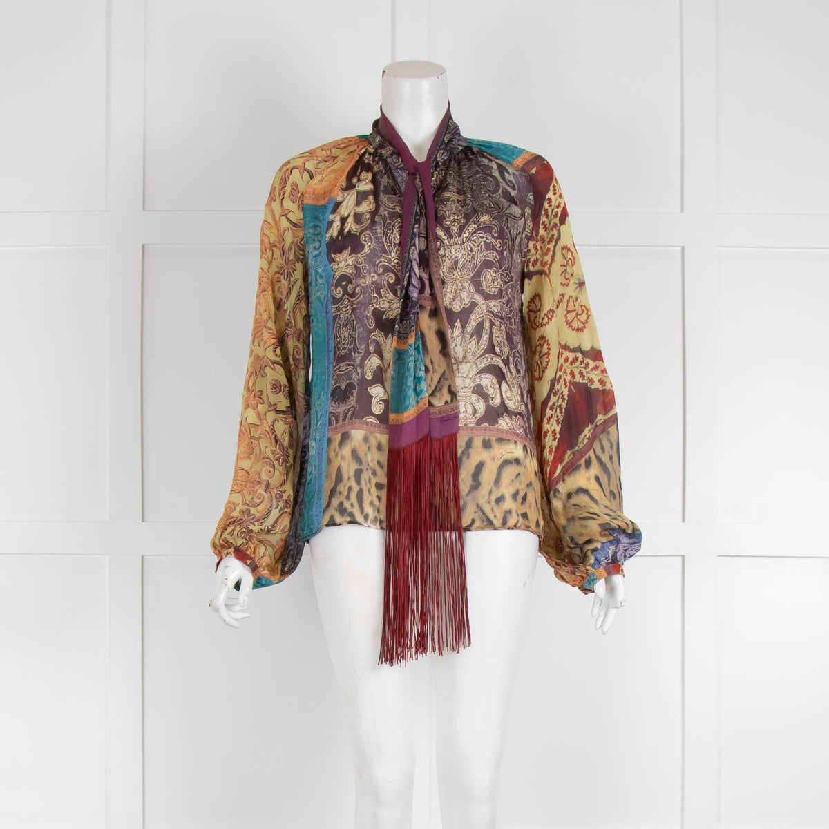 Roberto Cavalli Purple Brown Print Tassel Long Sleeve Top