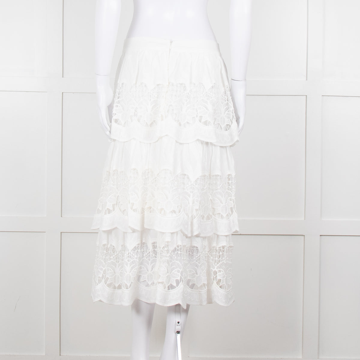 Farm Rio White Cotton Broderie Anglaise Midi Skirt