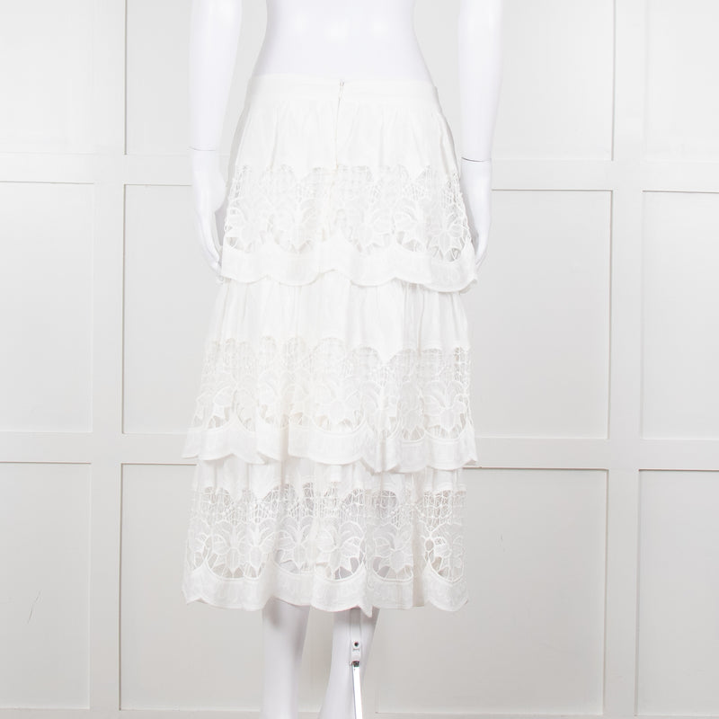 Farm Rio White Cotton Broderie Anglaise Midi Skirt