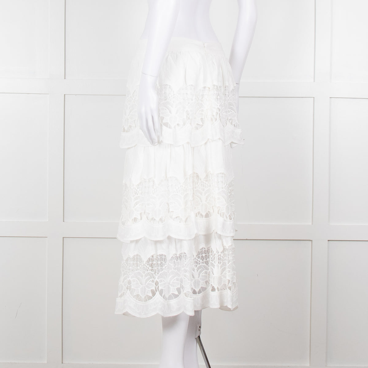 Farm Rio White Cotton Broderie Anglaise Midi Skirt