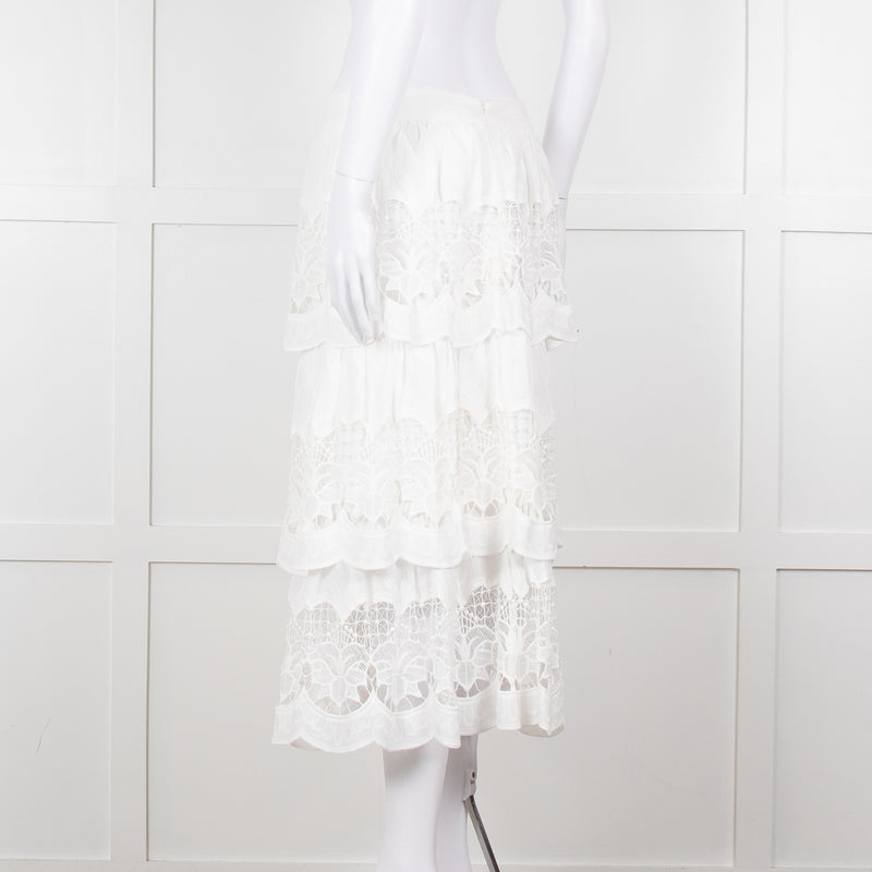 Farm Rio White Cotton Broderie Anglaise Midi Skirt