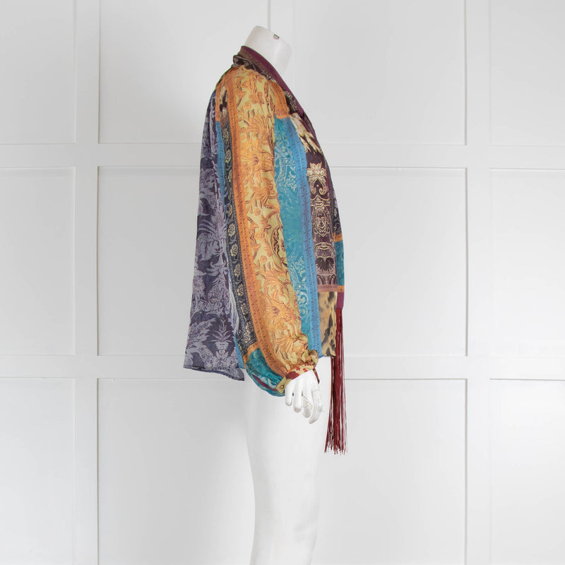 Roberto Cavalli Purple Brown Print Tassel Long Sleeve Top