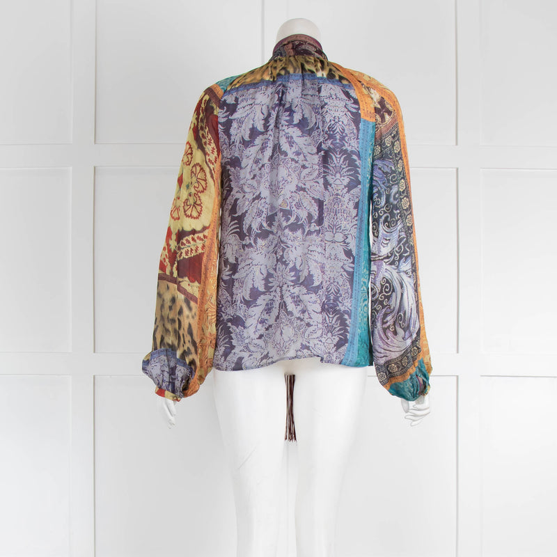 Roberto Cavalli Purple Brown Print Tassel Long Sleeve Top