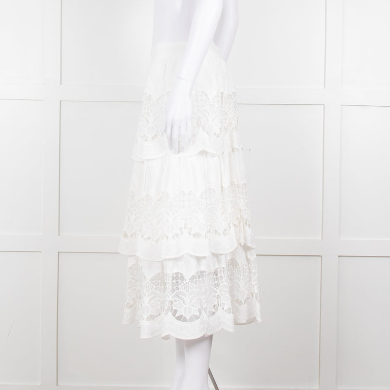Farm Rio White Cotton Broderie Anglaise Midi Skirt