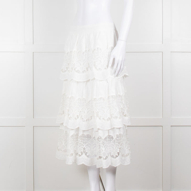 Farm Rio White Cotton Broderie Anglaise Midi Skirt