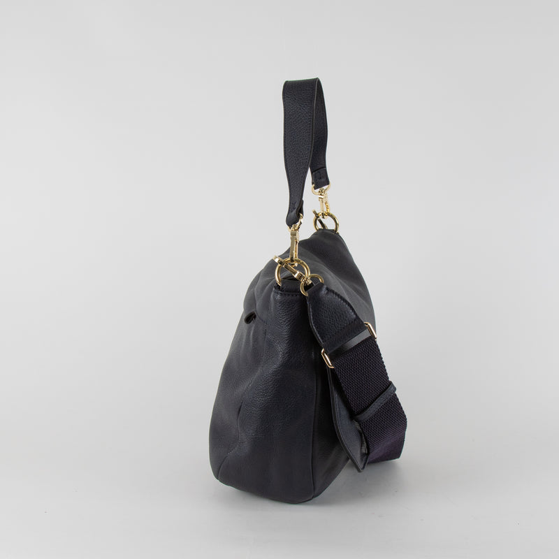 Abro Navy Leather Satchel Bag with Adjustable