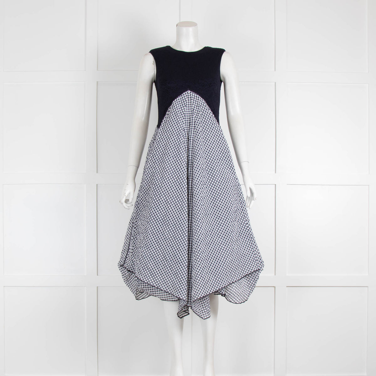 High Tech Navy Blue White Check Textured Fabric Sleeveless Dress