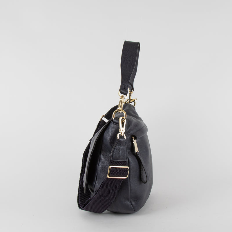 Abro Navy Leather Satchel Bag with Adjustable