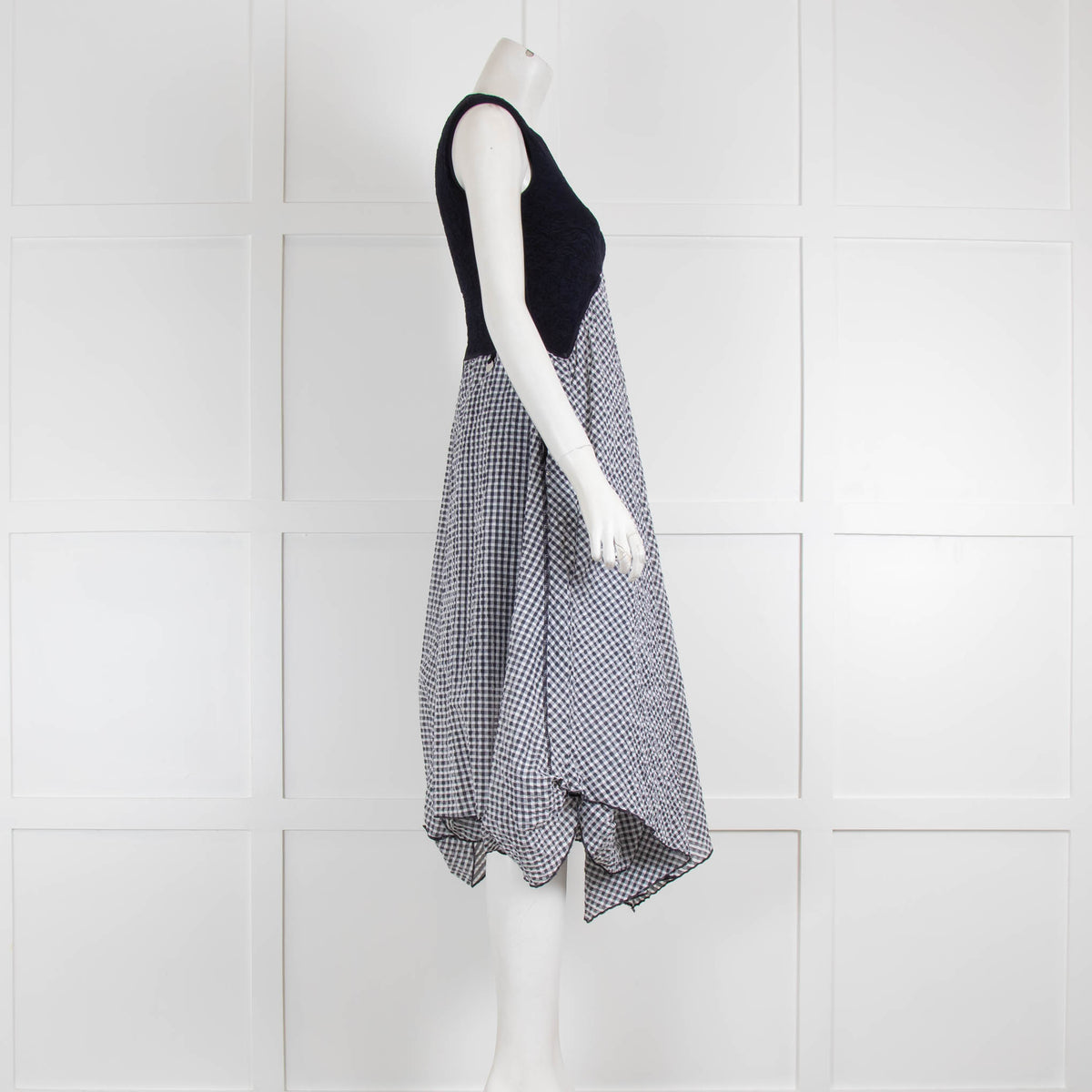 High Tech Navy Blue White Check Textured Fabric Sleeveless Dress