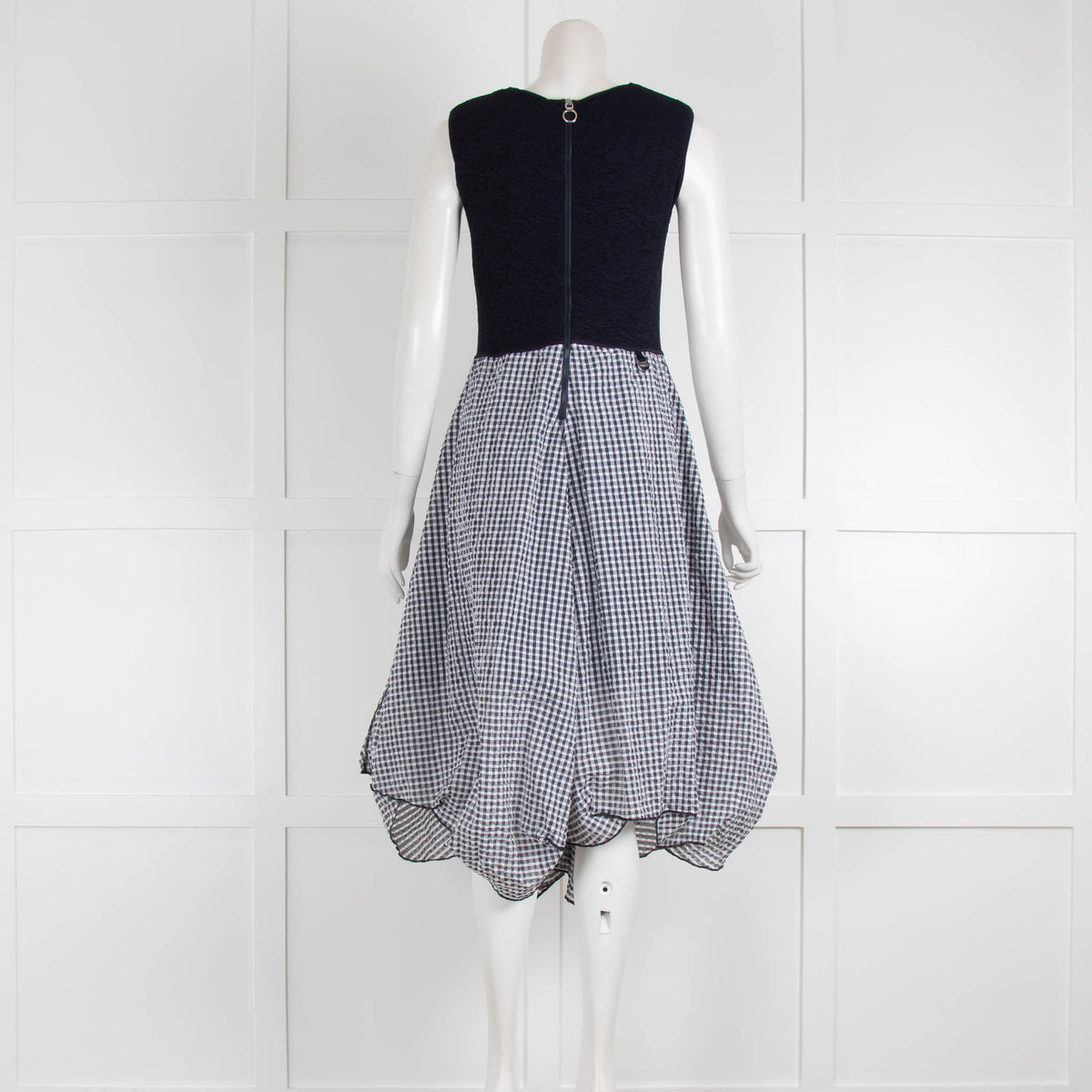 High Tech Navy Blue White Check Textured Fabric Sleeveless Dress
