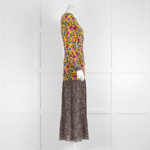 Saloni Yellow Brown Animal Print Embroidered Maxi Dress
