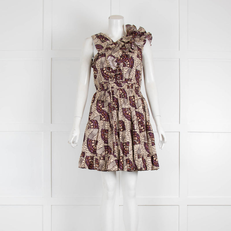 Ulla Johnson Cream Purple Print Cotton Frill Detail Short Dress
