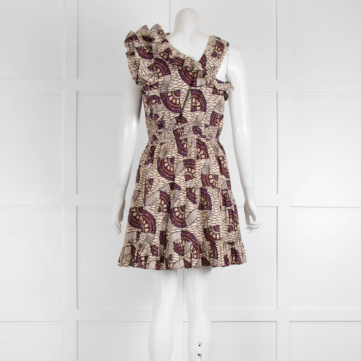 Ulla Johnson Cream Purple Print Cotton Frill Detail Short Dress