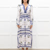 Lug Von Siga White Linen Dress With Blue Pattern And Tie Neck