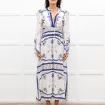 Lug Von Siga White Linen Dress With Blue Pattern And Tie Neck