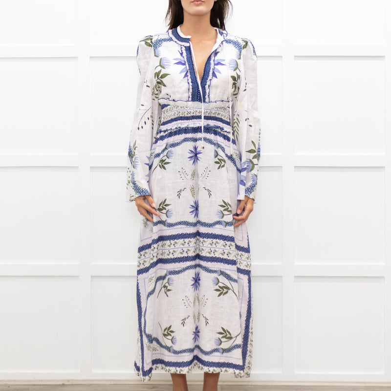 Lug Von Siga White Linen Dress With Blue Pattern And Tie Neck