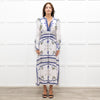 Lug Von Siga White Linen Dress With Blue Pattern And Tie Neck