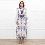 Lug Von Siga White Linen Dress With Blue Pattern And Tie Neck