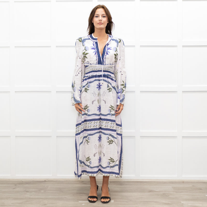 Lug Von Siga White Linen Dress With Blue Pattern And Tie Neck