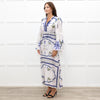 Lug Von Siga White Linen Dress With Blue Pattern And Tie Neck
