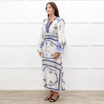 Lug Von Siga White Linen Dress With Blue Pattern And Tie Neck