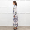 Lug Von Siga White Linen Dress With Blue Pattern And Tie Neck