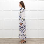 Lug Von Siga White Linen Dress With Blue Pattern And Tie Neck