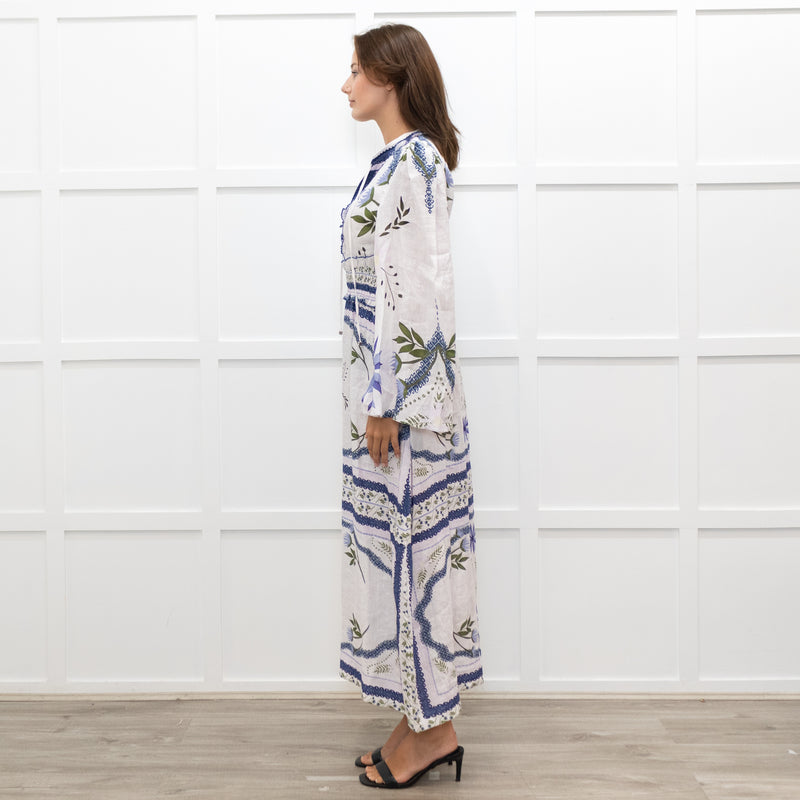 Lug Von Siga White Linen Dress With Blue Pattern And Tie Neck
