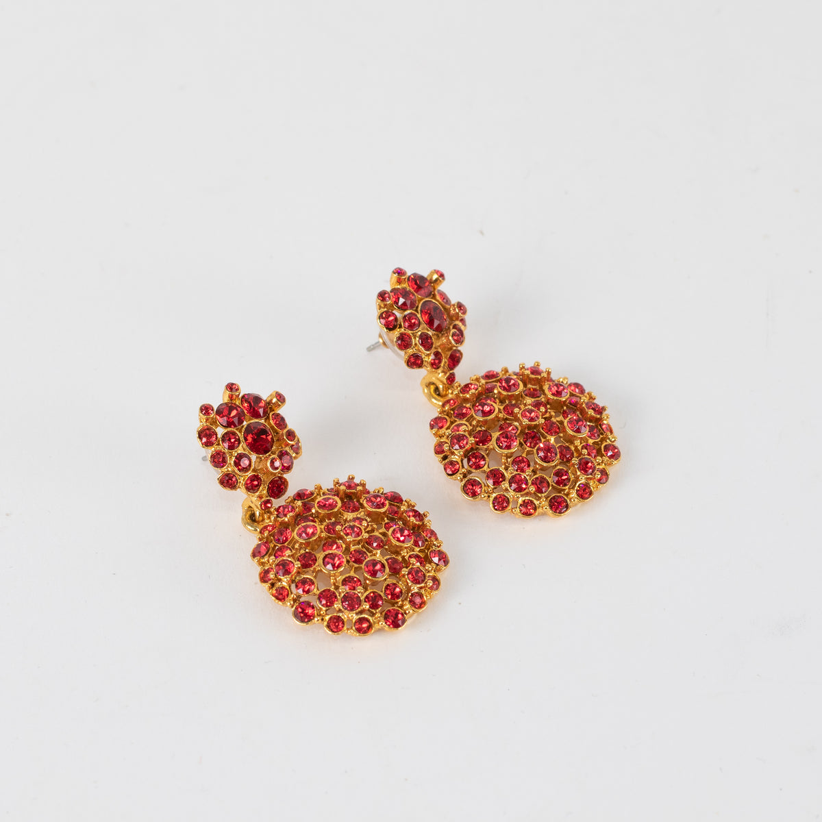Oscar De La Renta Gold Red Diamante Stud Earrings