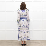 Lug Von Siga White Linen Dress With Blue Pattern And Tie Neck
