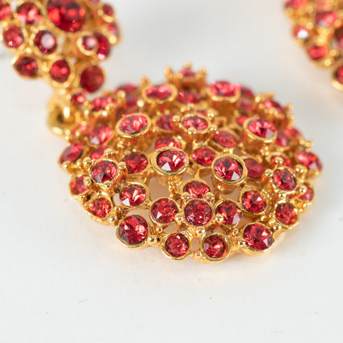 Oscar De La Renta Gold Red Diamante Stud Earrings