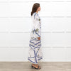 Lug Von Siga White Linen Dress With Blue Pattern And Tie Neck