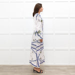 Lug Von Siga White Linen Dress With Blue Pattern And Tie Neck