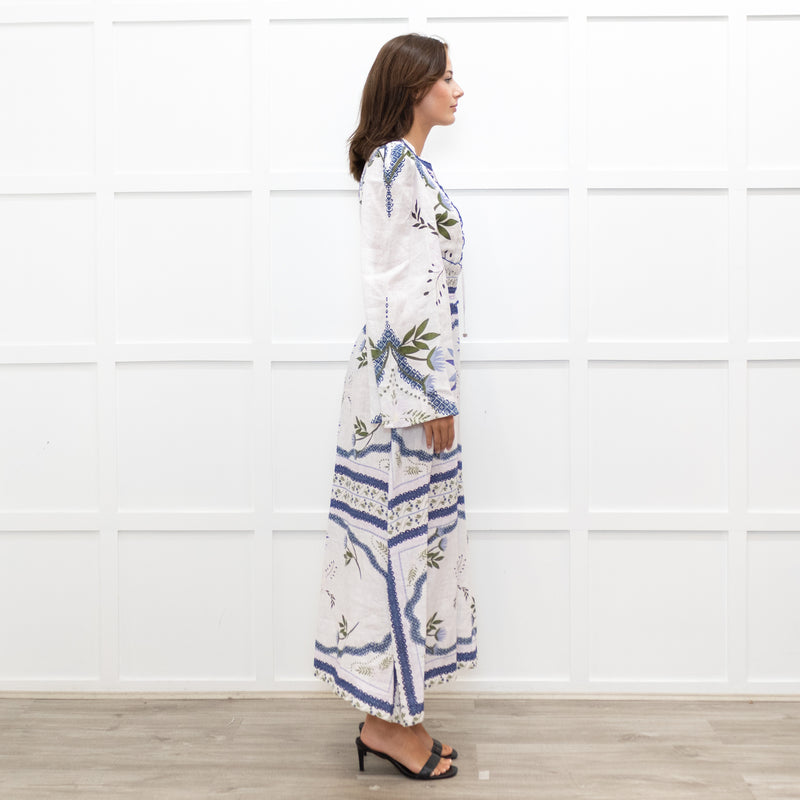 Lug Von Siga White Linen Dress With Blue Pattern And Tie Neck