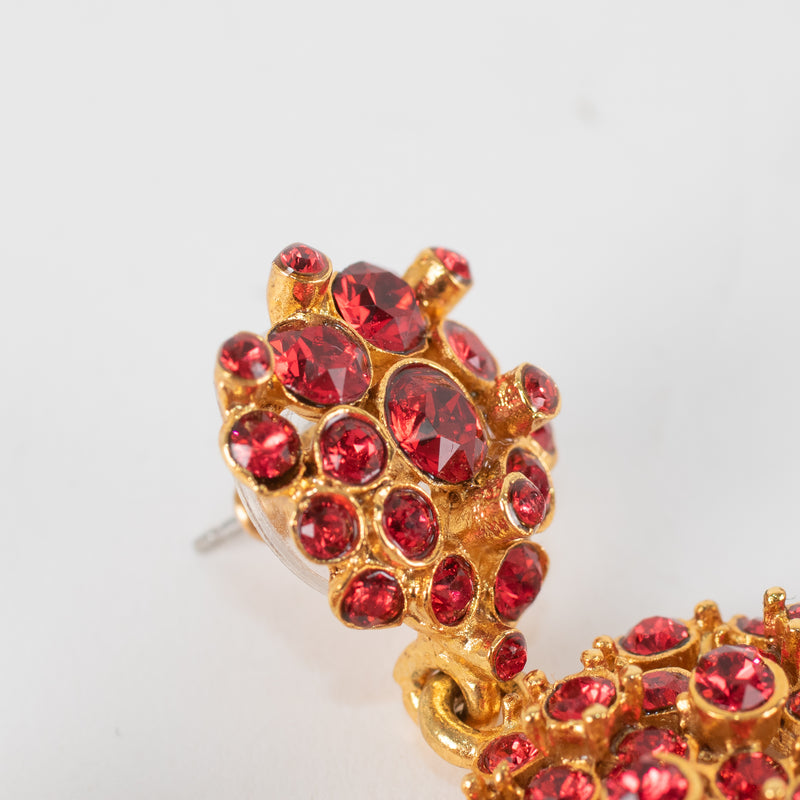 Oscar De La Renta Gold Red Diamante Stud Earrings