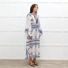 Lug Von Siga White Linen Dress With Blue Pattern And Tie Neck