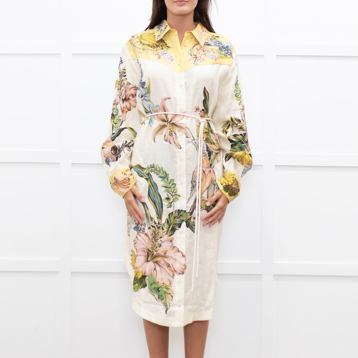 Alemais Cream Yellow Floral Linen Belted Dress